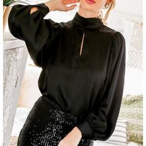 Vine & Love Womens Black High Neck Balloon Sleeve Satin Blouse Size Medium NWT
